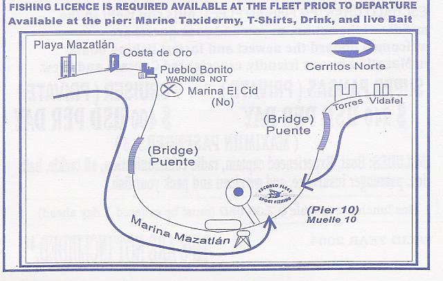 Mazatlan Sportfishign map, Escualo Fleet dock No 10